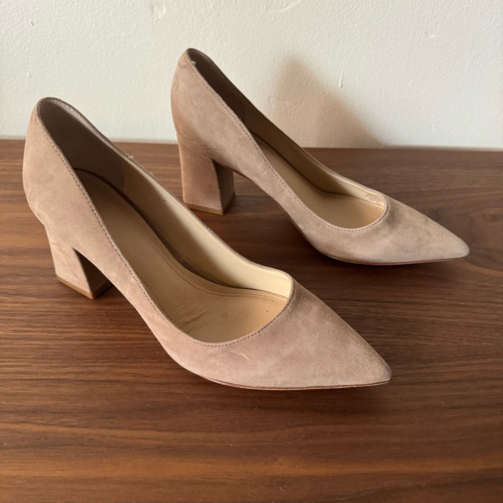 Marc Fisher Block Heel Pointed Toe Pumps in Taupe Suede
